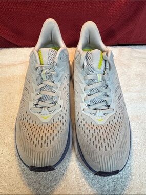 Hoka One One Light Gray Running Shoes with Neon Yellow Accents